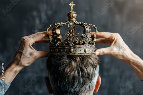 Senior woman crowning man with hands, plain background with space for text, rear view