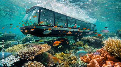 A white submarine is floating in the ocean with a colorful coral reef in the background. Concept of adventure and exploration, as the submarine is likely designed for underwater travel