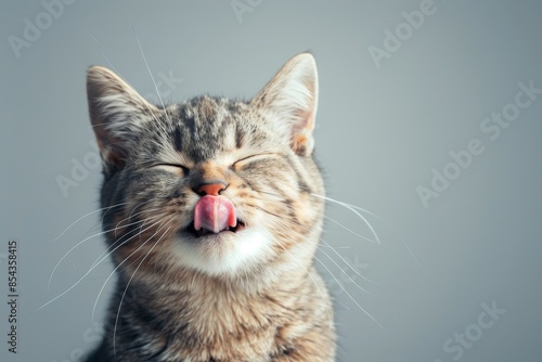 A tabby cat with its tongue sticking out, looking playful and mischievous against a grey background.