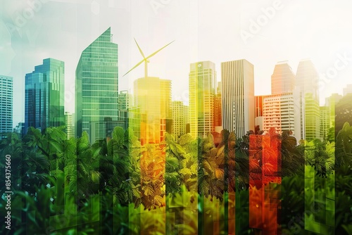 Wind energy for urban gardening close up, focus on, copy space Bright and vibrant colors Double exposure silhouette with buildings