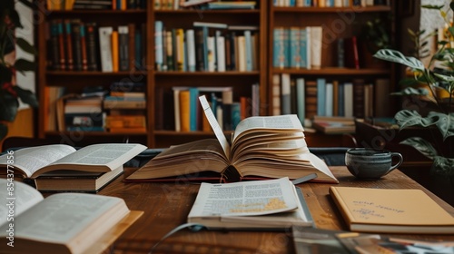 Library table with multiple books open and a notebook ready for studying