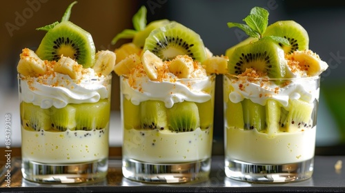 A trio of elegant tropical trifles featuring layers of fluffy banana cake creamy coconut custard and fresh kiwi slices are a signature dessert at the restaurant.