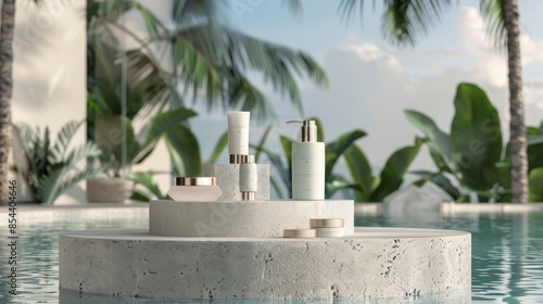 Cosmetic products display on geometric stone podium by the pool