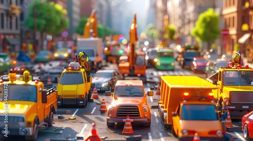 3D cartoon of a traffic jam at a busy airport pickup zone Cartoon planes in the sky, cars waiting in line Bright, sunny day