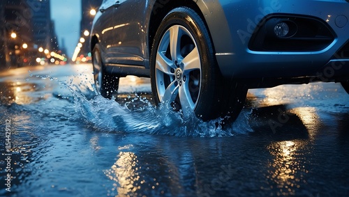 Car drives through a puddle at night, splashing water up onto the wheel well.
