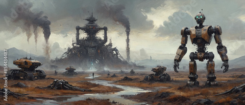 A surreal vision of a world controlled by robots is brought to life through bold oil strokes, highlighting the desolate landscapes and mechanical overlords that define this new era, Generative AI