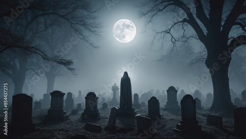 A ghostly figure floats through a misty graveyard under the glow of a full moon, halloween mood