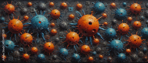 Surreal oil painting on canvas with thick paint layers and raised textures, depicting the menacing forms of computer viruses, blending abstract digital elements with tactile artistry, Generative AI