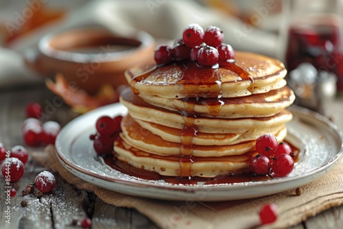 Isolated vector illustration of a stack of pancakes with syrup and autumn berries on a white background, inviting and delicious