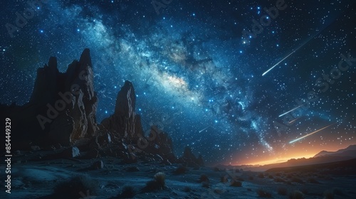 Dramatic time-lapse scene of a celestial ballet, with streaking meteors and the Milky Way arching across a moonlit sky.