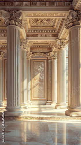 A grand corridor with ornate pillars, arches, and sunlight reflection. Generate AI