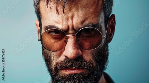 A man with a beard and a displeased expression wearing dark glasses