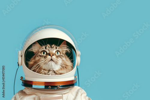 Cat astronaut in spacesuit on blue background, front view.