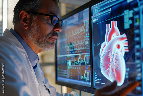 A cardiologist examines heart functionality and vascular health using a digital interface