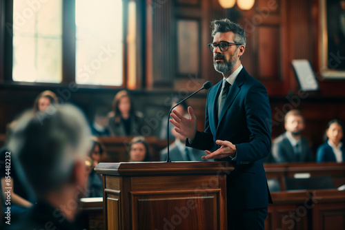 Court of justice and law trial, man public defender presenting case, making passionate speech to judge