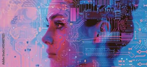 The image shows a woman's face with a circuit board pattern overlay. She is looking to the right of the frame. The image is in a blue and purple color scheme.