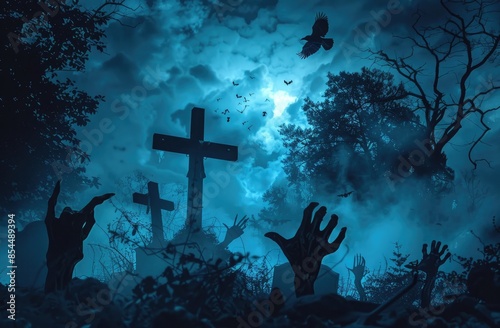 Cemetery with cross and zombie hands emerging at night