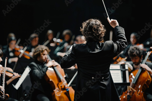 Rear view of a conductor directing a symphony orchestra during a live performance