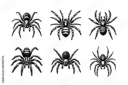 Vintage engraving isolated spider set ink sketch. black and white engrave isolated spider illustration