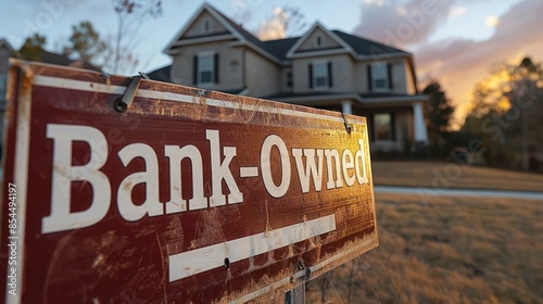 A close-up of a "Bank-Owned" sign in front of a foreclosed property.