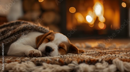 A puppy sleeping on a rug picture
