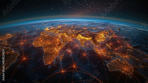 Aerial view of an illuminated global logistics network map showcasing major trade routes transportation hubs and infrastructure connecting the world s economies and supply chains