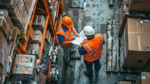 Two industrial workers wearing safety gear reviewing cargo documentation at a customs checkpoint inside a busy warehouse facility inspecting shipments and maintaining supply chain efficiency