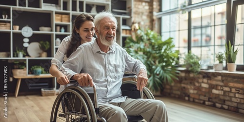 A caregiver is happily assisting a senior in a wheelchair at home, highlighting support and care.