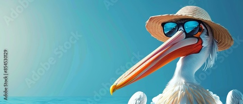 A pelican wearing sunglasses and a hat, enjoying the summer sun.