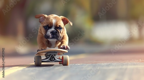 A puppy skateboarding in the park picture