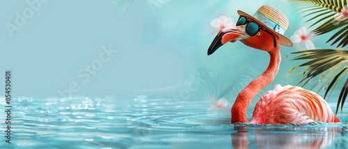 A flamingo wearing sunglasses and a hat floats in turquoise water.