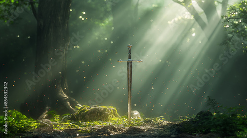A sword is firmly planted into a stone, standing tall and seemingly embedded in the ground. The atmosphere is enchanting, with small particles or fireflies floating around