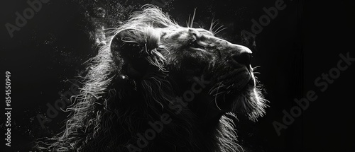 Black and white photo of a lion's head. The lion is looking up with its mouth closed. Its mane is flowing in the wind.