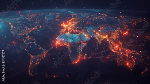 A detailed map showing transportation routes and hubs, illustrating the logistics involved in supplying goods to meet varying demands across different regions.