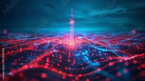 A digital illustration of radio waves transmitting from a broadcasting tower, showing the varying frequencies and amplitudes used in wireless communication, showcasing the technolo