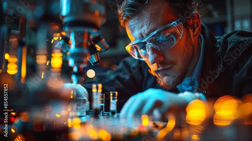 A high-resolution photograph of a scientist working in a laboratory, assembling an electrochemical cell with precision, showcasing the meticulous process involved in electrode prep