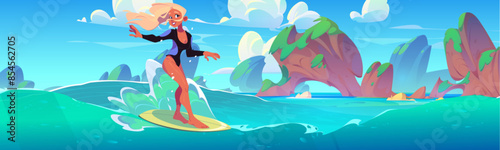 Young woman in swimsuit surfing sea wave on board in tropical lagoon with blue clear water, rock mountain islands and sunny sky with clouds. Cartoon vector female surfer character. Ocean extreme sport