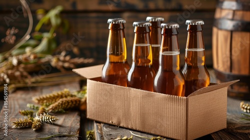 Glass bottled beer in a six pack, housed in generic brown cardboard, raw and unrefined presentation, natural and authentic
