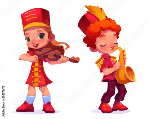 Cute kids in march parade red uniform with musical instruments. Little child boy and girl musicians with violin and saxophone. Cartoon vector set of music school orchestra band playing group.
