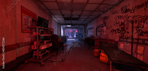 3D illustration of an abandoned hospital corridor, dimly lit with red emergency lights, strewn with debris and graffiti-covered walls.