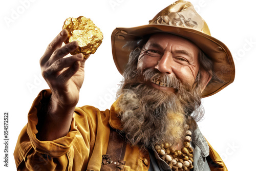 Cheerful gold prospector holding a large gold nugget, wearing a hat and a beaded necklace.