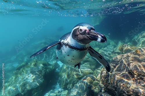 A Galapagos penguin swimming swiftly in crystal-clear waters, its small, streamlined body and distinctive black and white markings visible below the surface.