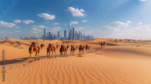 caravan of camels is walking in desert in background of skyscrapers of city of Dubai