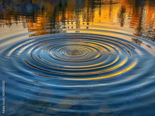 Water surface with circular ripples reflecting the sky. AI.