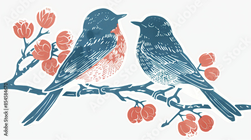 A linocut style image of Eastern Bluebirds, AI-generated