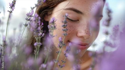 Young woman inhaling the fragrant scent of lavender flowers.