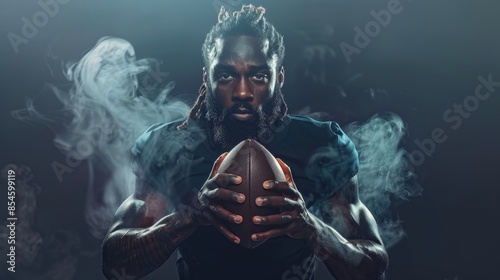 Athletic football player holds ball firmly against smoky background, emanating determination and strength, encapsulating the essence of sportsmanship.