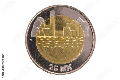 Closeup of front of 25 markkaa commemorative coin of 80 year independent Finland, minted in 1997.