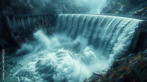 Powerful Water Flow at Hydroelectric Dam. Powerful surge of water flows over a hydroelectric dam, showcasing the immense force and energy of hydro power.