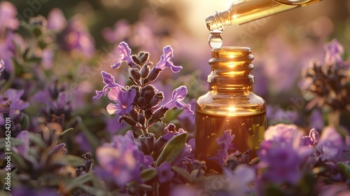 Closeup essential oil bottle with dropper blooming lavender flowers at sunset aromatherapy, natural stress relief plant organic